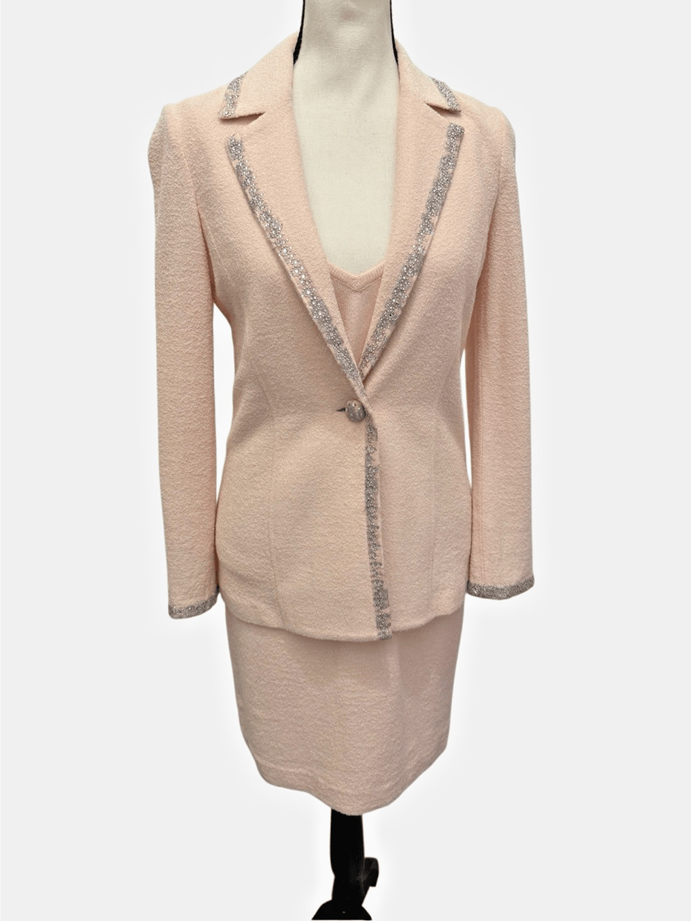 Vtg St John Evening 3 Pc Pink Santana Knit Skirt Suit Blazer, Top, Skirt